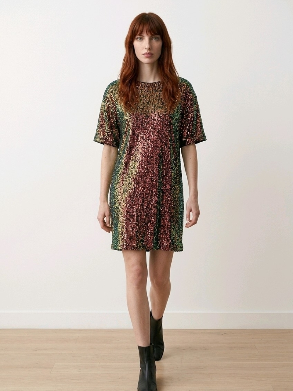 Sequin Mini Shift Dress in Green and Pink